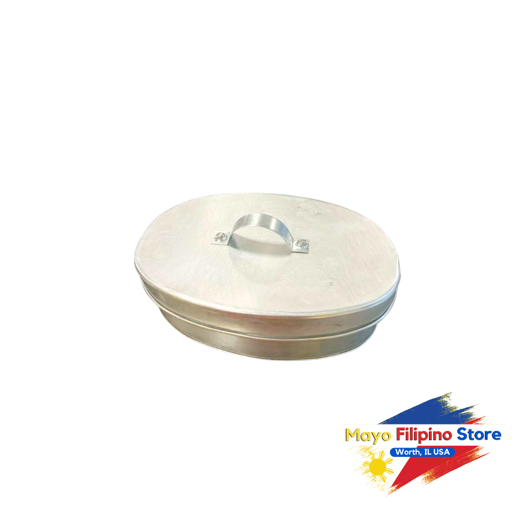 Round metal lid with handle on a white background, featuring the Mayo Filipino Store logo.