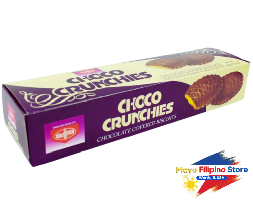 Box of Choco Crunchies chocolate-covered biscuits with a visible brand logo on a white background.