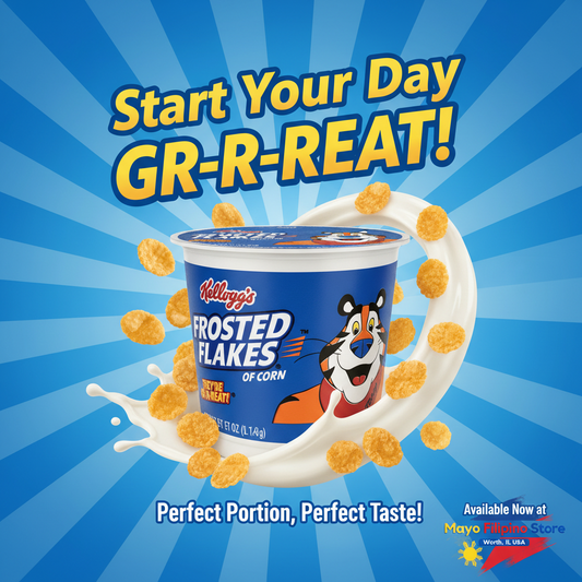 Kellogg's Frosted Flakes cereal cup with a blue label on a white background, featuring the Kellogg's logo and a cartoon character.