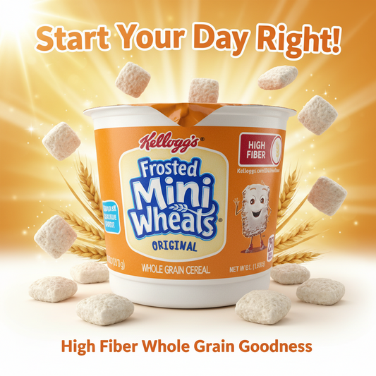 Kellogg's Frosted Mini Wheats cereal cup on a white background with 'Mayo Filipino Store' logo.