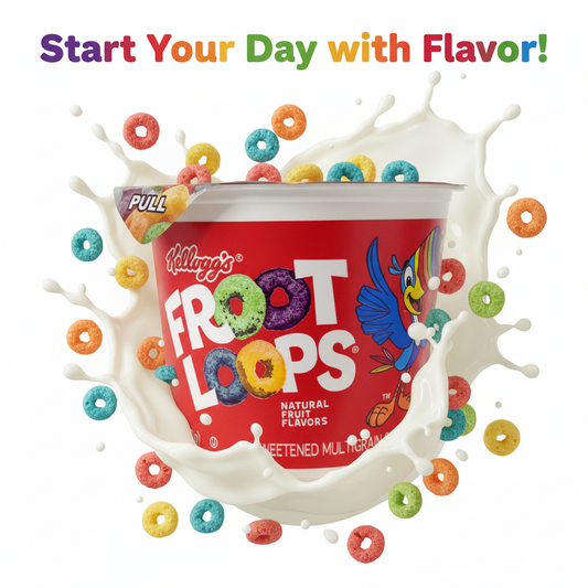 Kellogg's Froot Loops cereal cup with colorful characters on a white background