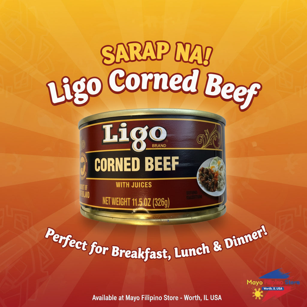 Can of Ligo Brand corned beef with juices on a white background