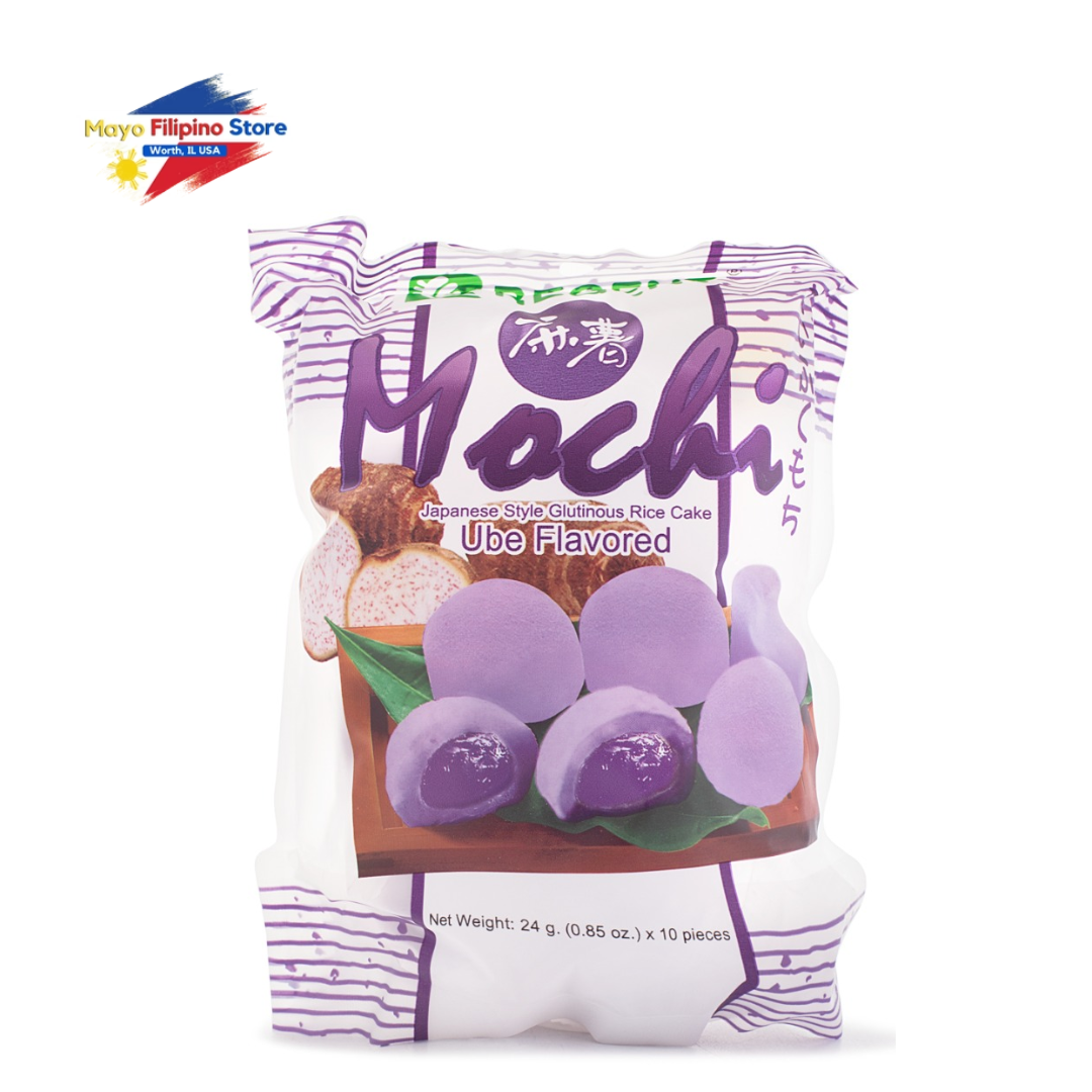Packaged Ube Flavored Machi rice cake with purple packaging on a white background