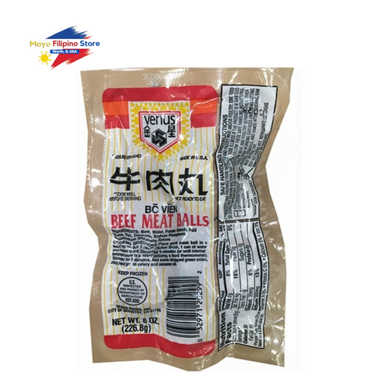 Packaged beef meatballs with Venus brand label on a white background