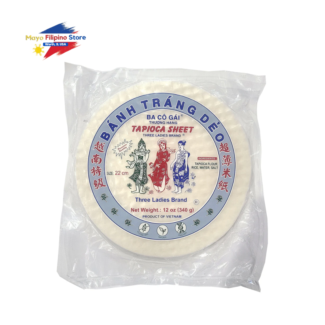 Packaged tapioca sheet with Three Ladies Brand label on a white background