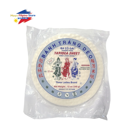 Packaged tapioca sheet with Three Ladies Brand label on a white background