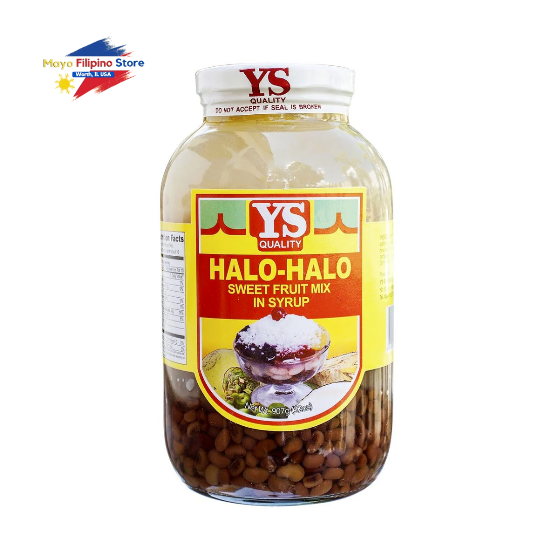 Jar of YS Quality Halo-Halo sweet fruit mix in syrup on a white background