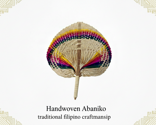Woven hand fan with colorful rim on a white background, branded with Mayo Filipino Store.