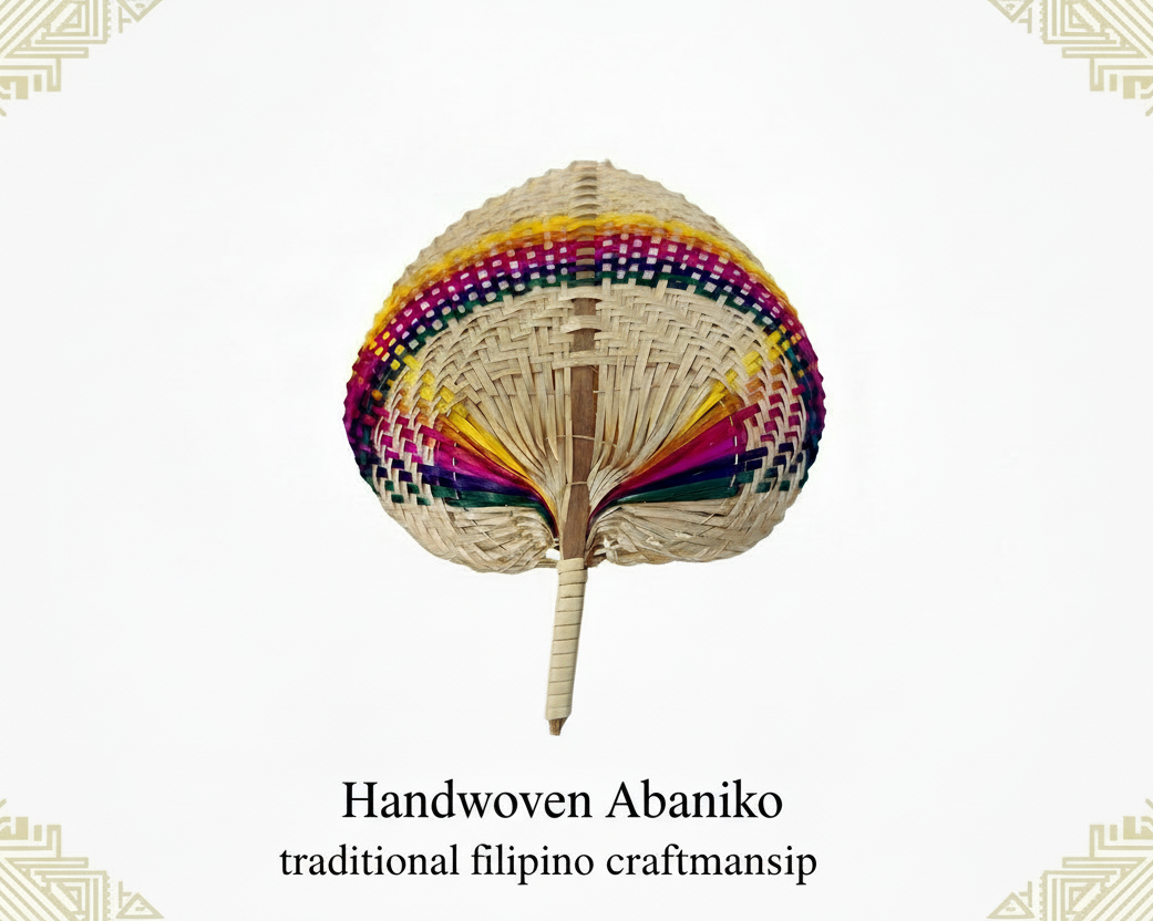 Woven hand fan with colorful rim on a white background, branded with Mayo Filipino Store.