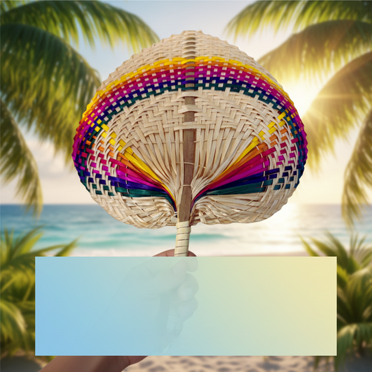 Woven hand fan with colorful rim on a white background, branded with Mayo Filipino Store.