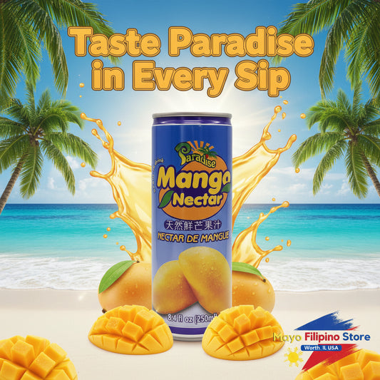 Can of Mango Nectar with blue label and mango illustration on a white background