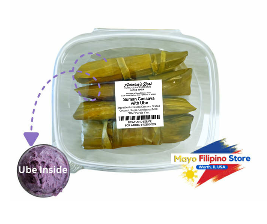 Packaged suman with ube inside, labeled 'Aurora's Best',