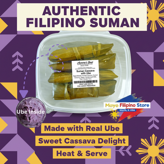 Packaged suman with ube inside, labeled 'Aurora's Best', ads