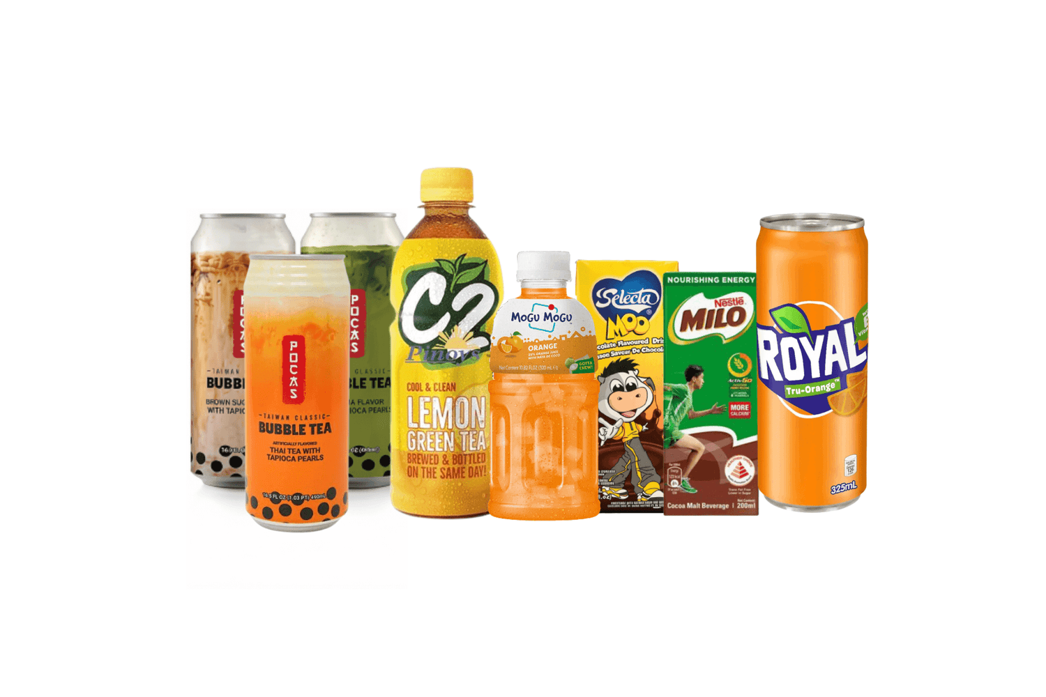 Filipino Drinks, Milo, Royal, C2, Moo, C2, Pocas Bubble Tea, Boba Tea, Mogu Mogu