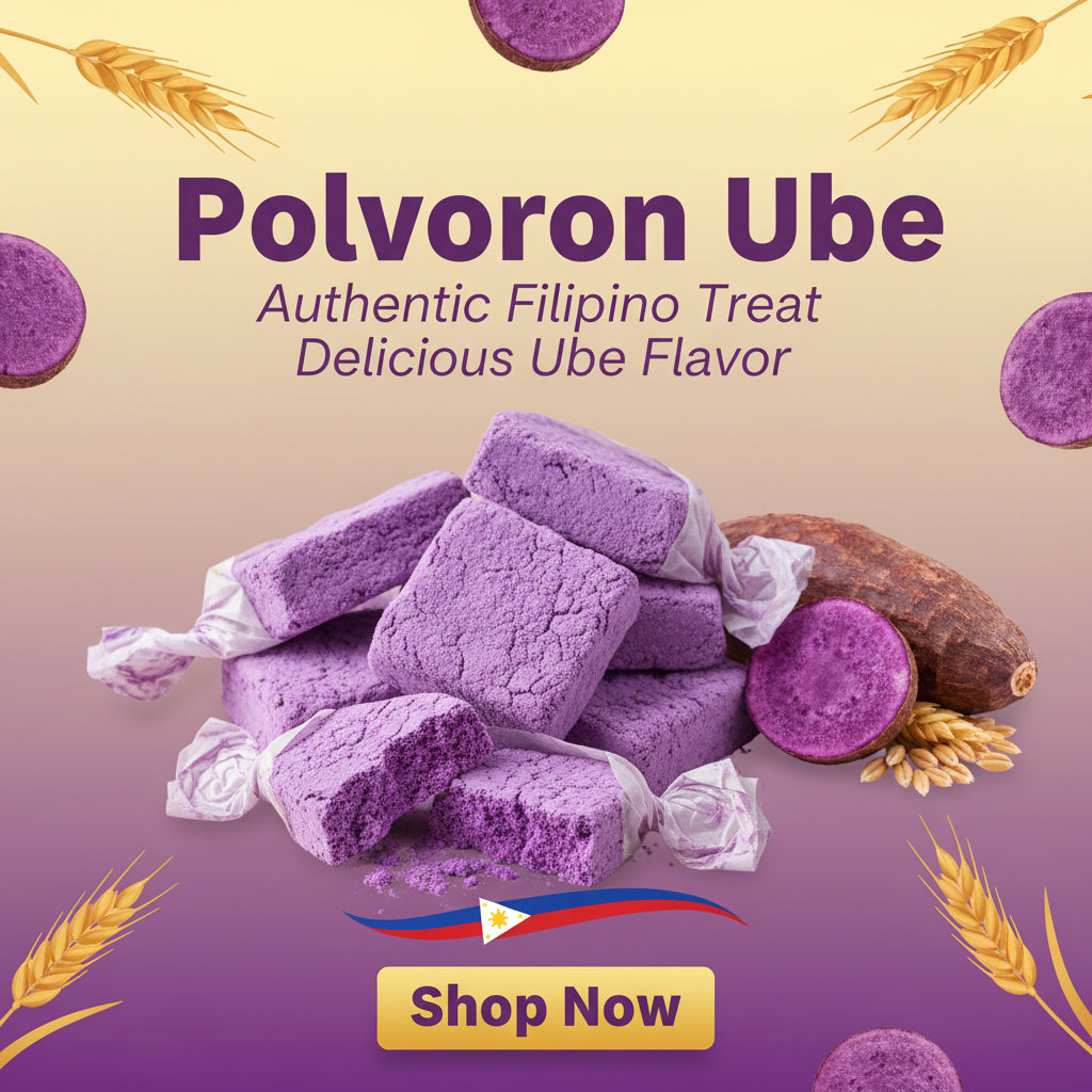 Polvoron Ube packaging with colorful label on a white background, featuring Mayo Filipino Store branding.