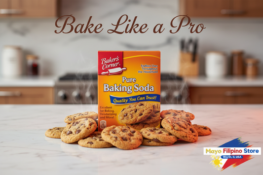 Box of Baker's Corner Pure Baking Soda with a cookie image on a white background