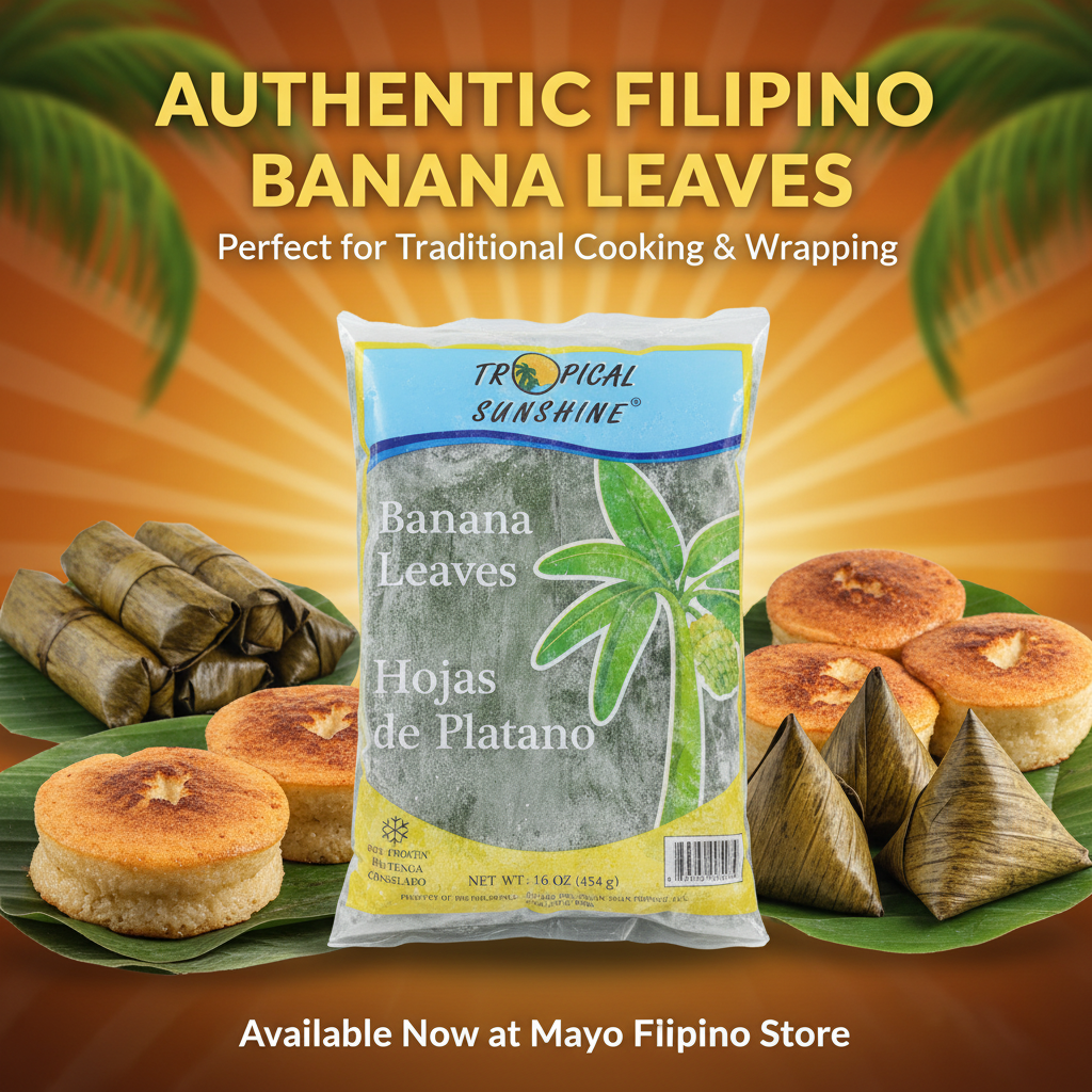Packaged banana leaves with 'Tropical Sunshine' branding on a white background
