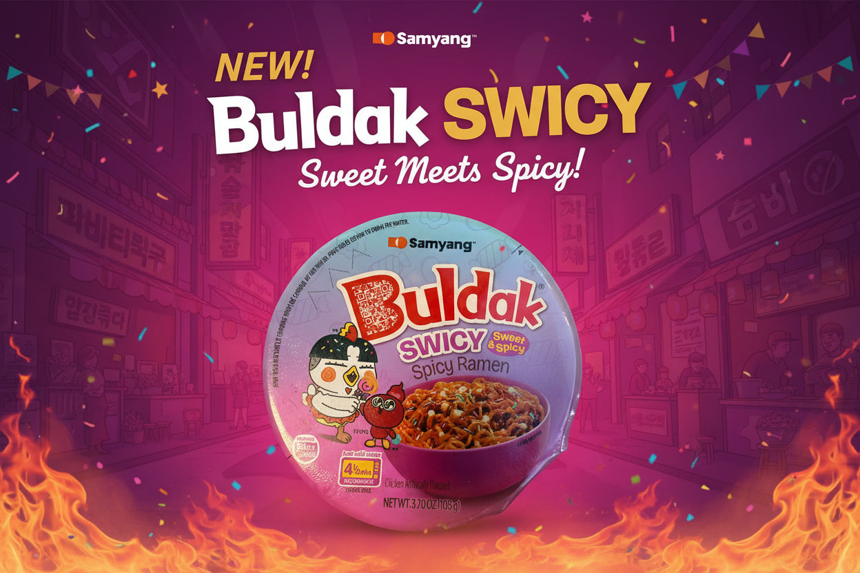Buldak Swicy Spicy Ramen packaging with Samyang logo on a white background