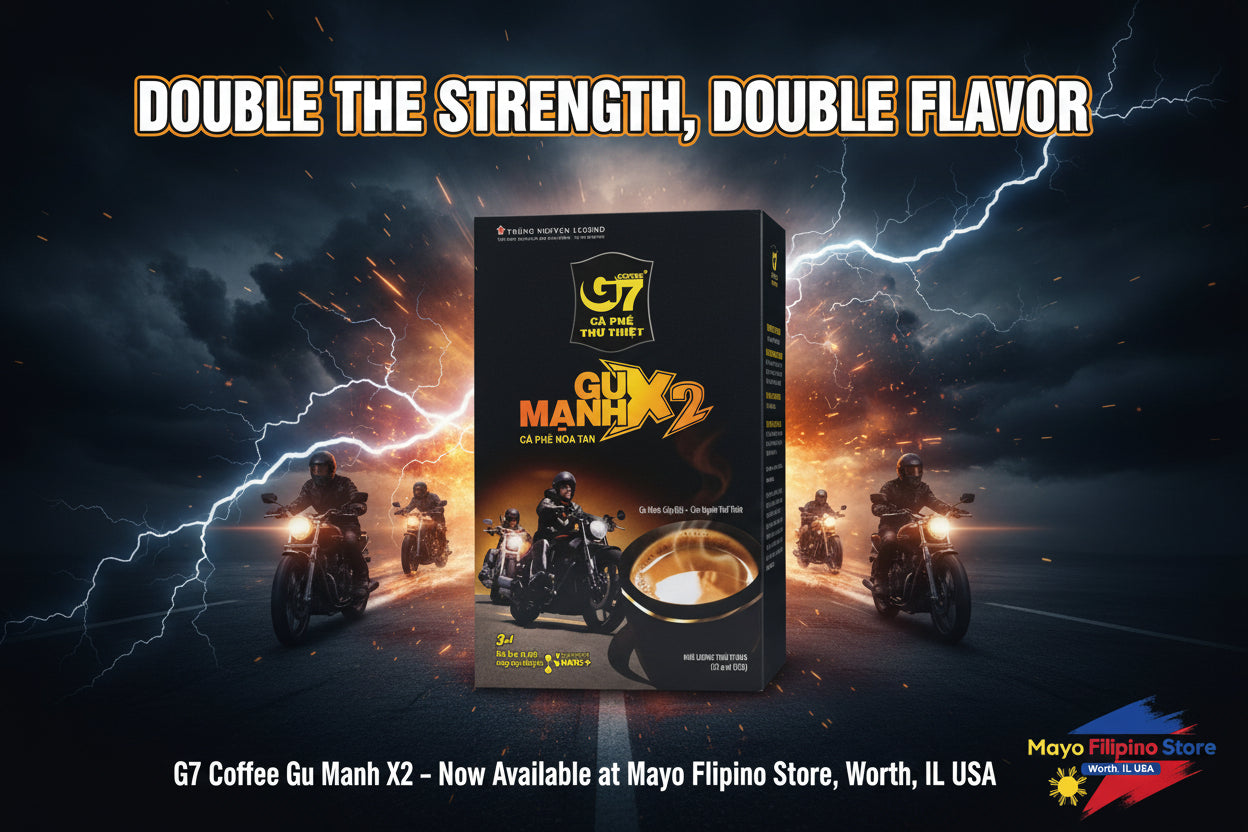 G7 coffee package with a motorcycle and coffee cup on a black background