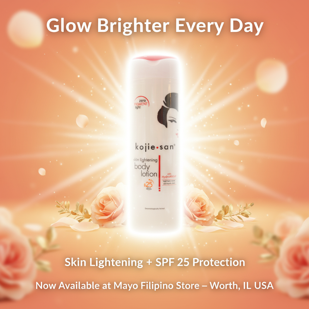 Kojie San skin lightening body lotion bottle on a white background with Mayo Filipino Store logo.