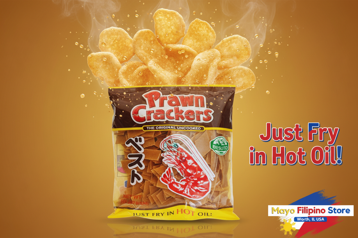 Packaging of Prawn Crackers with branding and product details on a white background