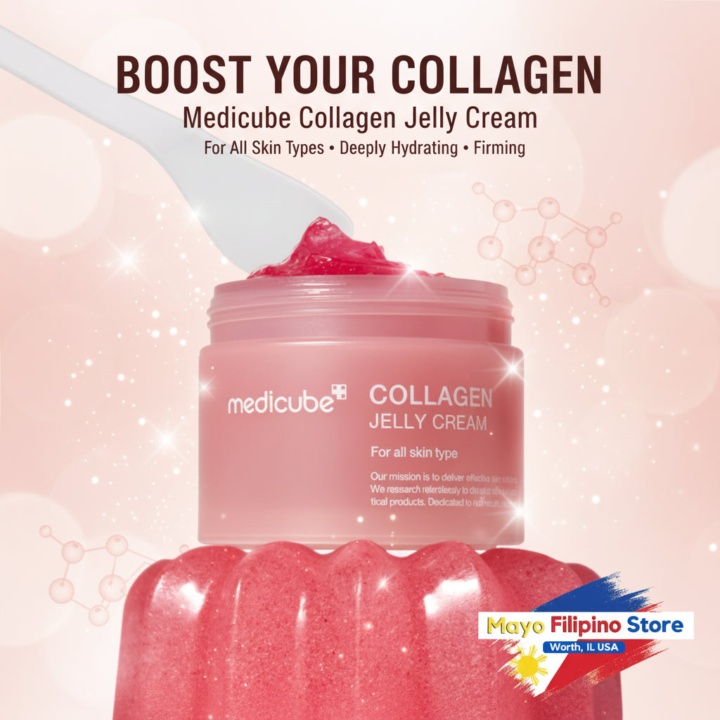 Pink collagen jelly cream jar with a spoonful of cream on a white background, featuring the Medicube brand.