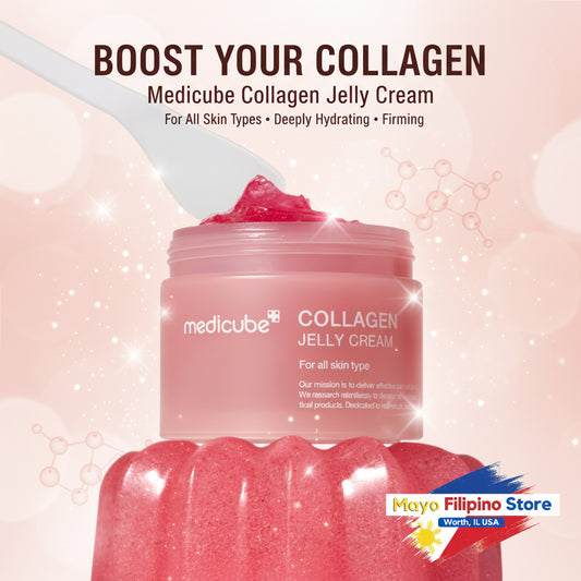 Pink collagen jelly cream jar with a spoonful of cream on a white background, featuring the Medicube brand.