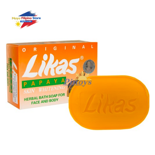 Orange Likas Papaya soap bar and packaging on a white background