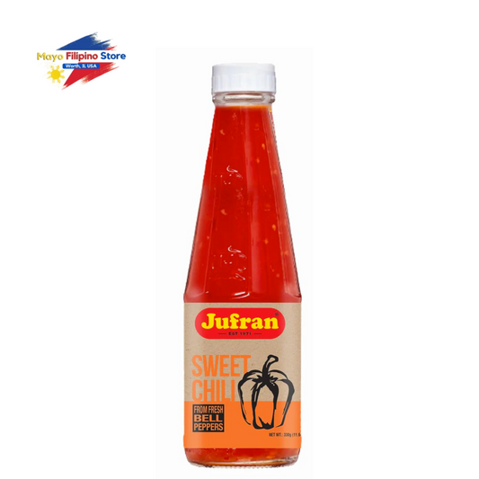 Bottle of Jufran Sweet Chilli sauce on a white background