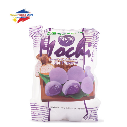 Packaged Ube Flavored Machi rice cake with purple packaging on a white background