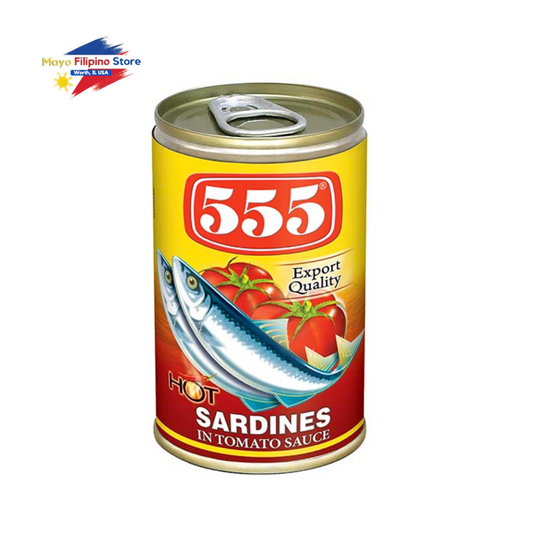 Can of 555 Hot Sardines in Tomato Sauce on a white background