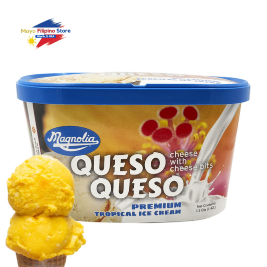 Magnolia Queso Queso ice cream container with a scoop of ice cream on a white background