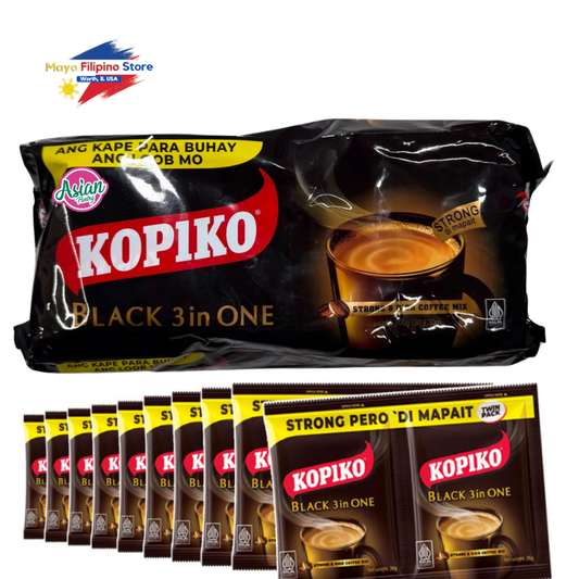 Kopiko Black 3 in One coffee packages with a promotional banner at the top.