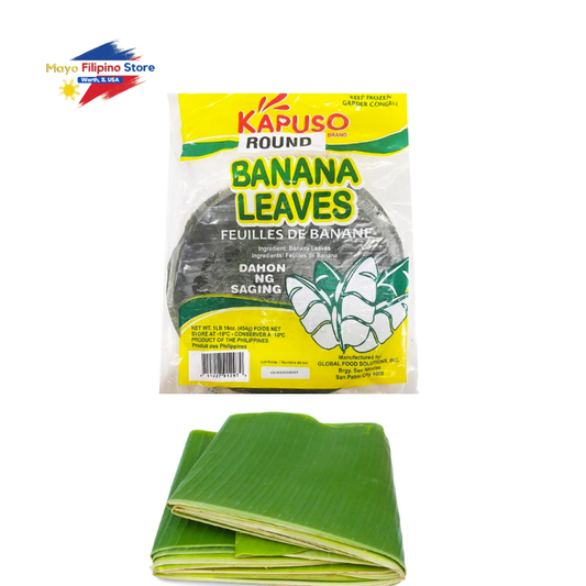 Kapuso Round Banana Leaves packaging with a sample leaf on a white background