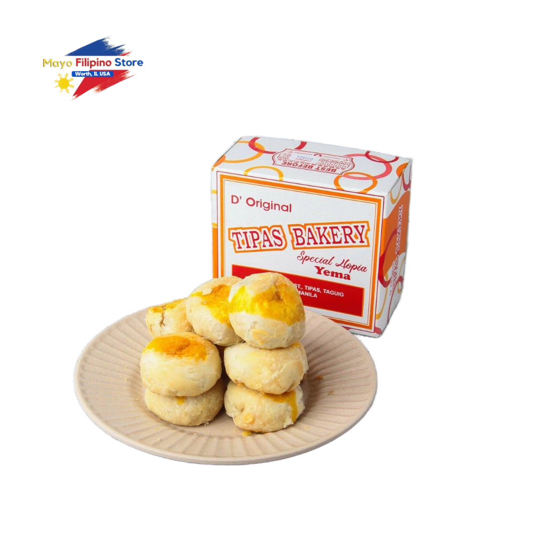 Yema cookies on a plate with Tipas Bakery packaging in the background