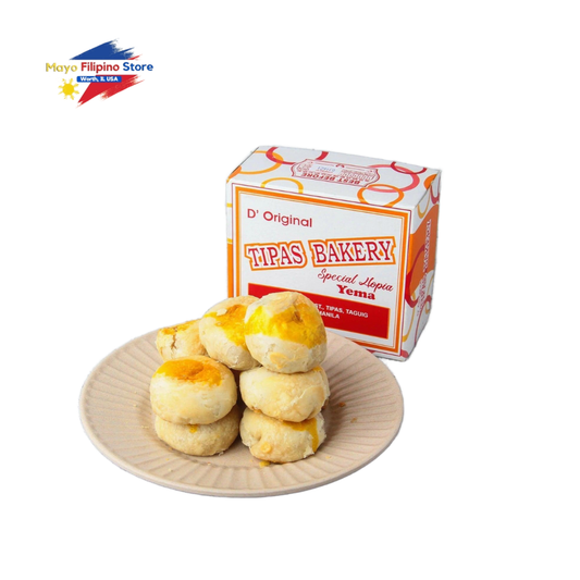 Yema cookies on a plate with Tipas Bakery packaging in the background