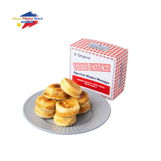 Hopia buns on a plate with a box of D'Original Titas Bakery hopia buns on a white background.