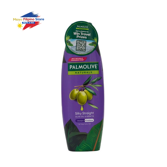 Palmolive Naturals Silky Straight shampoo bottle with olive oil and leaf design on a white background.
