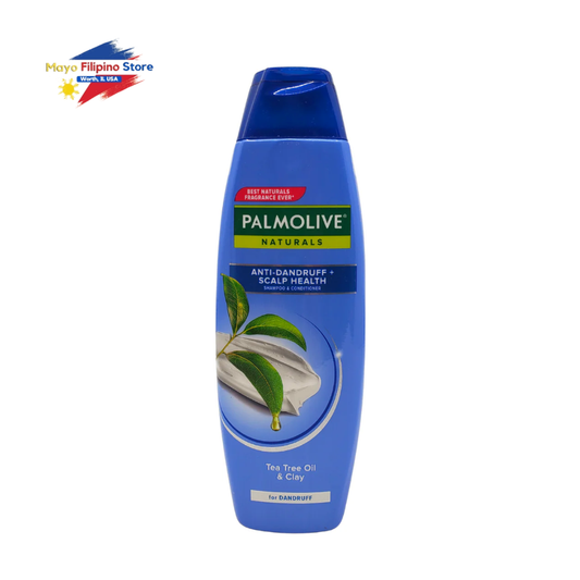 Palmolive Naturals shampoo bottle with tea tree oil and clay on a white background