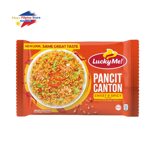 Lucky Me Pancit Canton instant stir-fried noodles packaging on a white background