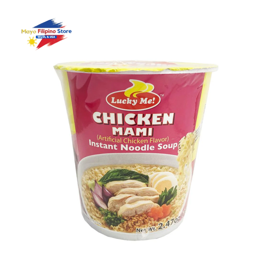 Lucky Me Chicken Mami instant noodle soup package on a white background