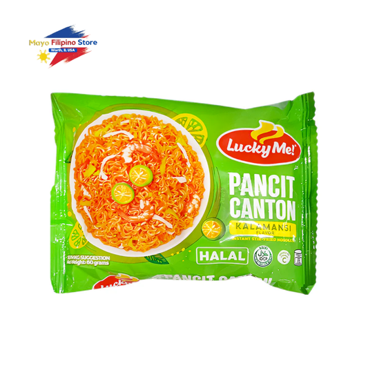 Green package of Lucky Me! Pancit Canton Kalamansi on a white background