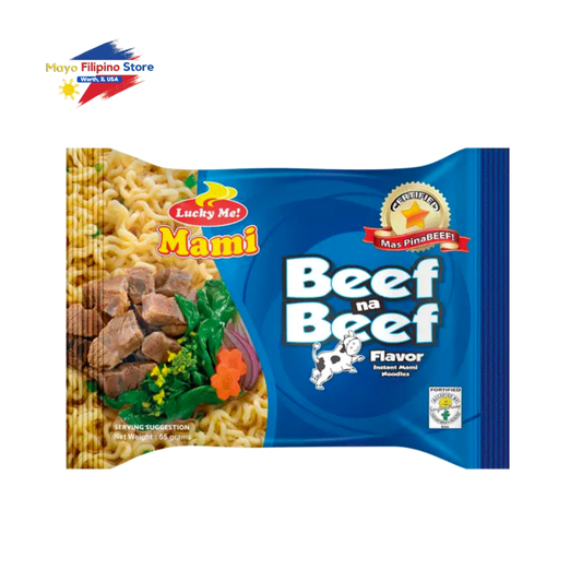 Mami Beef na Beef flavor noodle package with Lucky Me! branding on a white background