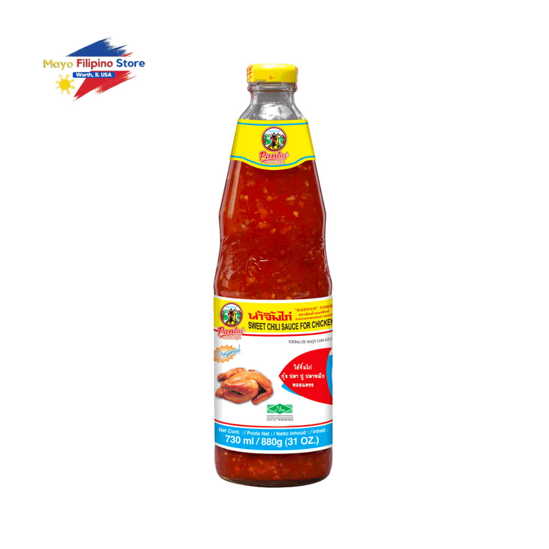 Bottle of chili sauce with a colorful label on a white background