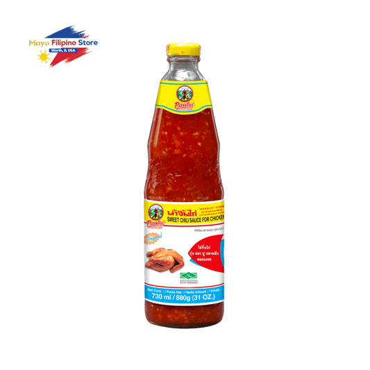 Bottle of chili sauce with a colorful label on a white background
