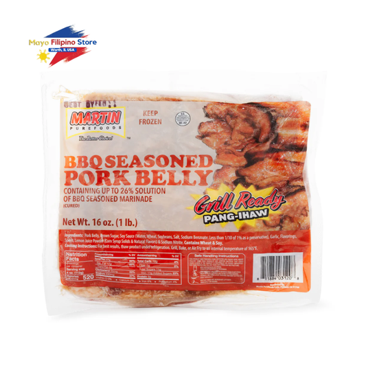 Packaged BBQ Seasoned Pork Belly with Martin Foodservice branding on a white background