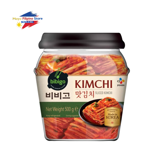 Jar of Bibigo sliced kimchi with visible branding on a white background