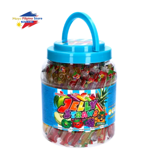 Jar of jelly straws with a blue lid on a white background, featuring the brand 'Jelly Straws'.