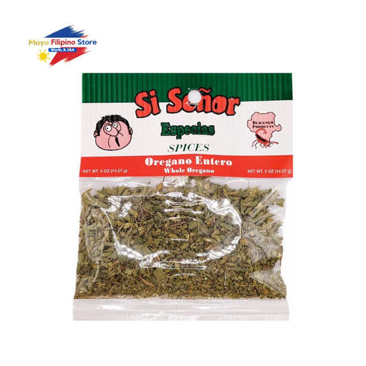 Package of Si Senor whole oregano spice on a white background