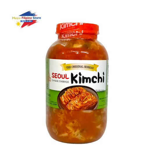 Jar of Seoul Kimchi with a red lid on a white background